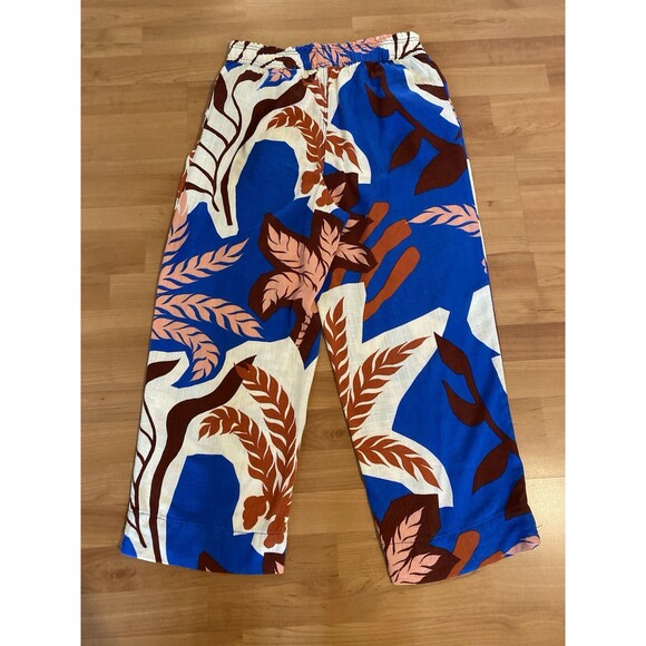 H&M Leaf‎ Print Pants Size M Linen Viscose Blend Elastic Waist Beachy Coastal - Picture 2 of 7